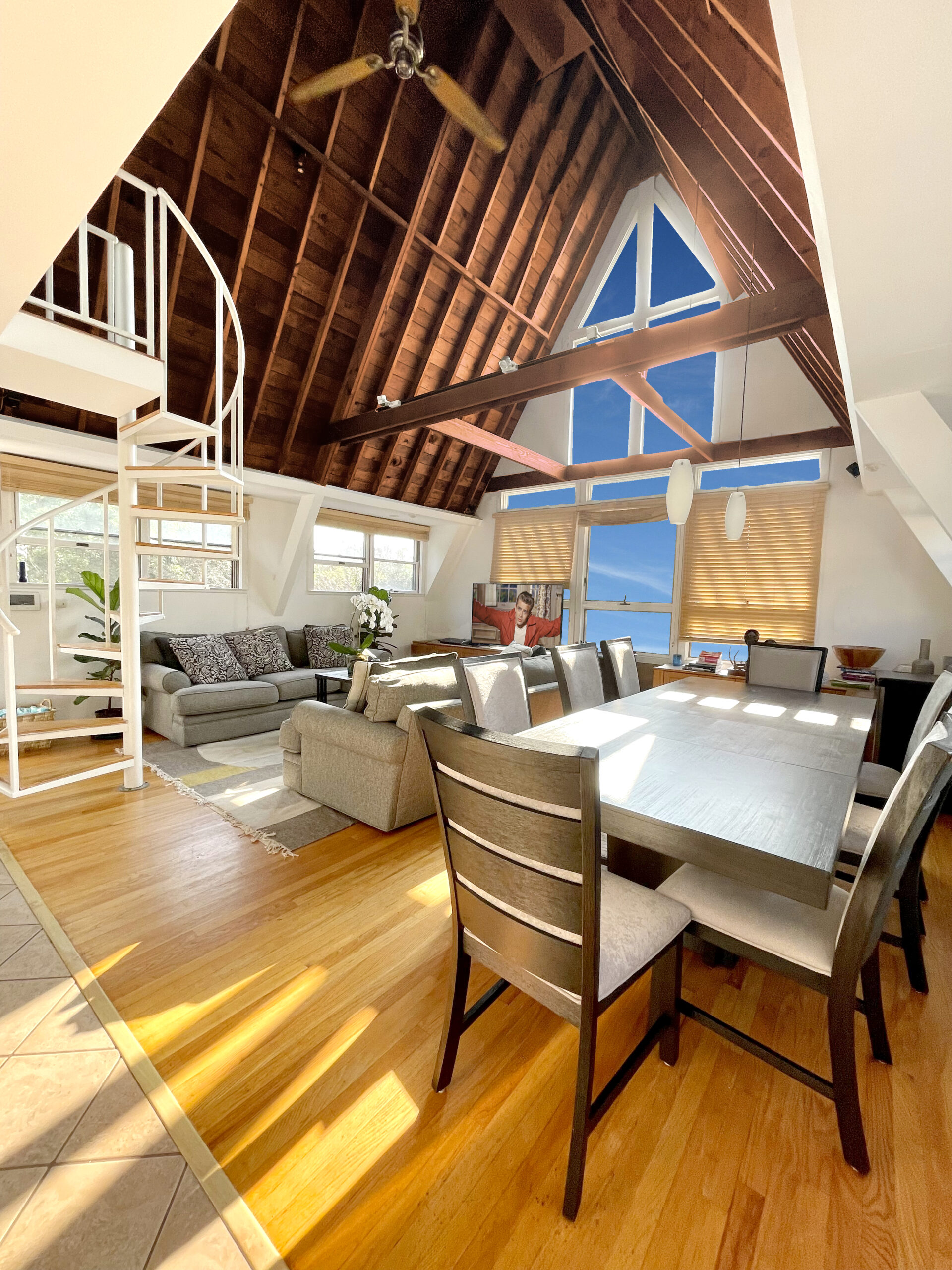A-frame vaulted wood ceilings and solid hardwood floors along with modern furnishings await you in the Pines.