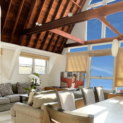 Fire Island Pines Home Living room, Dining room vaulted ceilings